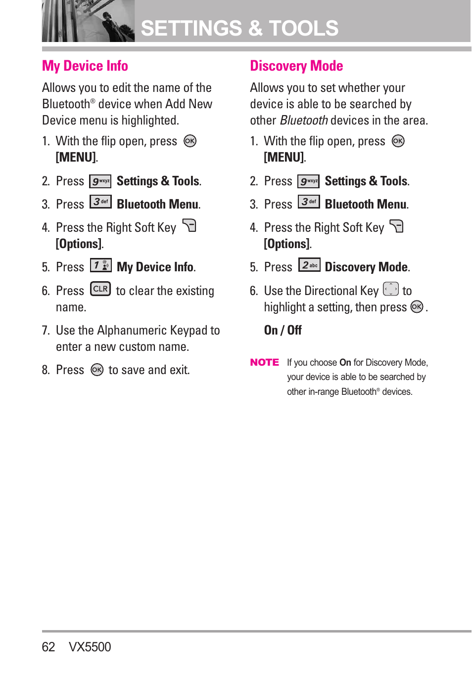 My device info, Discovery mode, Settings & tools | LG VX5500 User Manual | Page 64 / 252