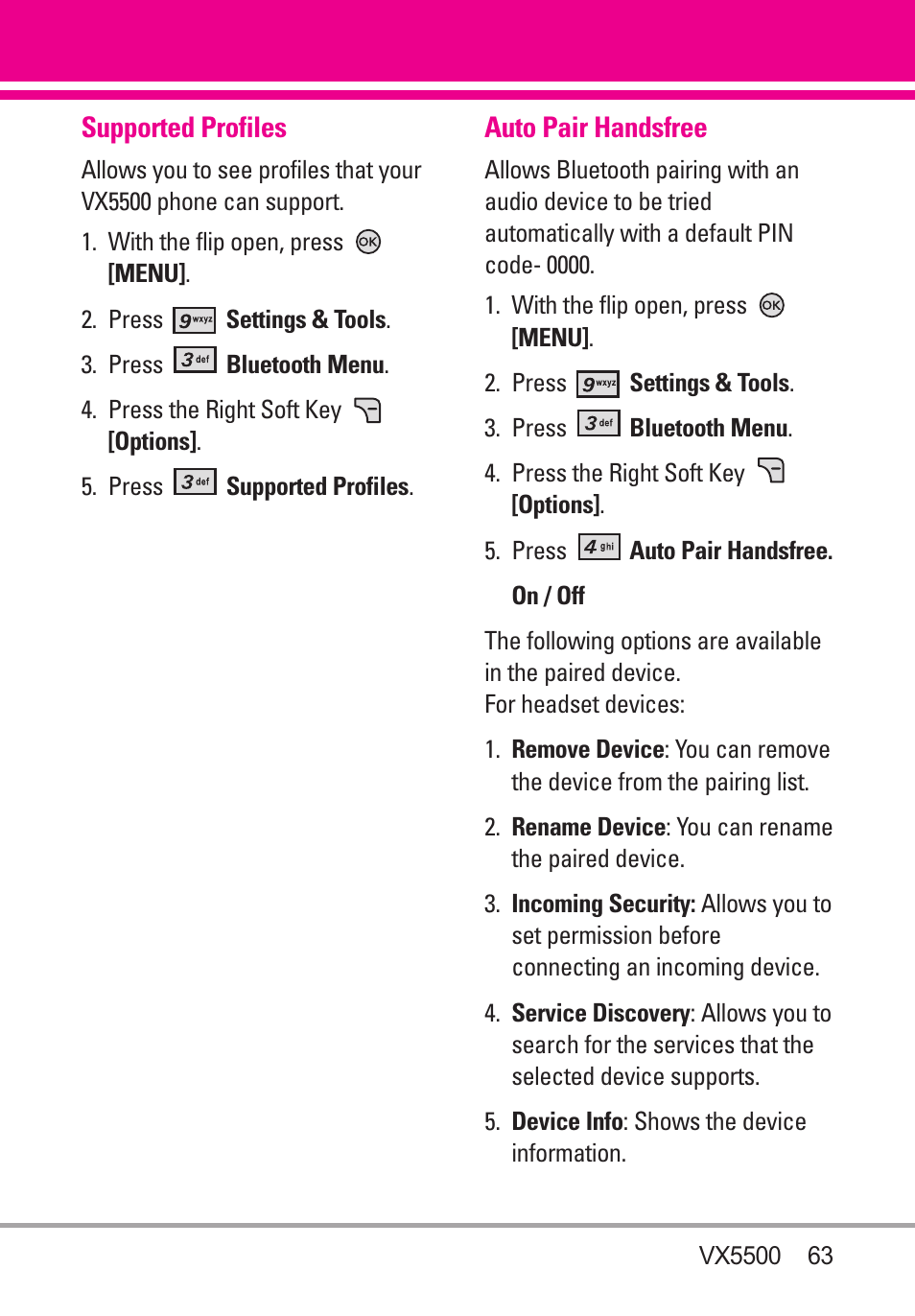 Supported profiles, Auto pair handsfree | LG VX5500 User Manual | Page 65 / 252