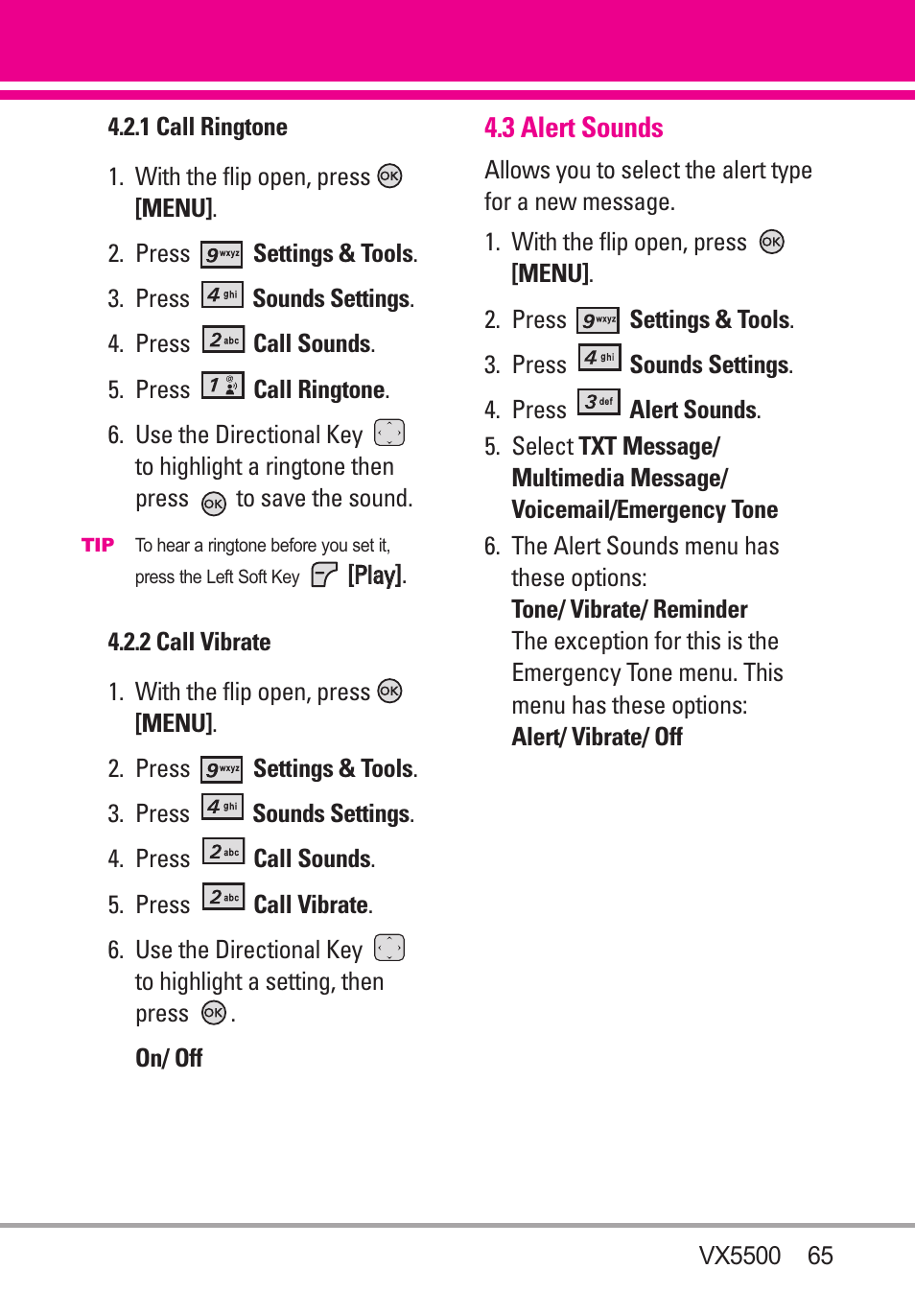 2 call vibrate, 3 alert sounds | LG VX5500 User Manual | Page 67 / 252