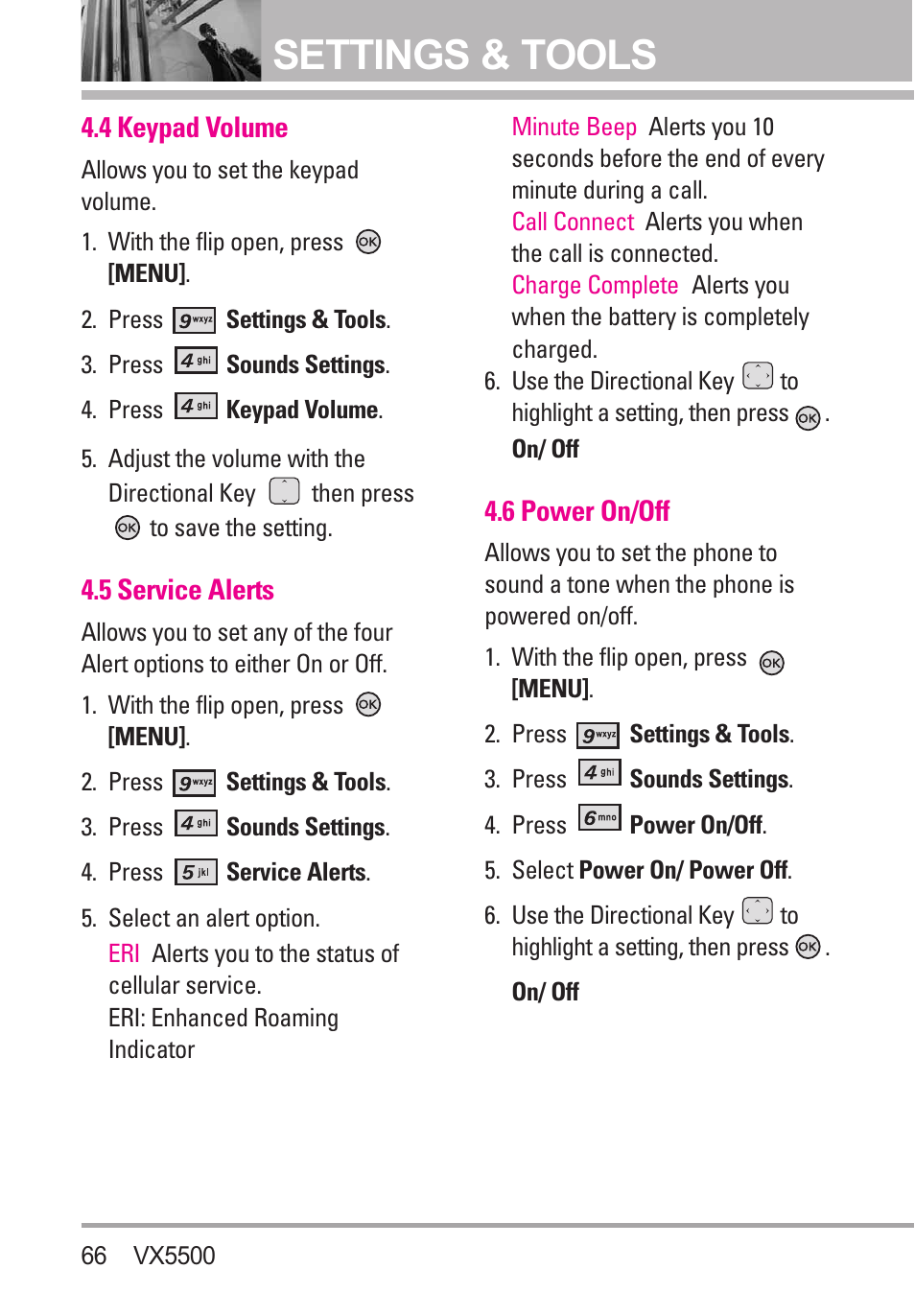 4 keypad volume, 5 service alerts, 6 power on/off | Settings & tools | LG VX5500 User Manual | Page 68 / 252