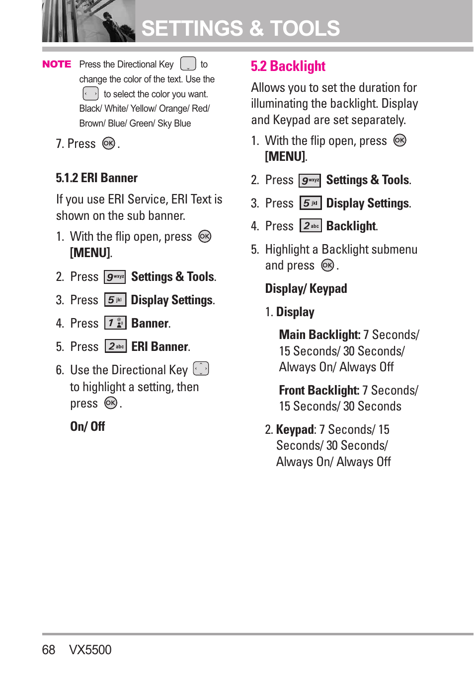 2 eri banner, 2 backlight, Settings & tools | LG VX5500 User Manual | Page 70 / 252