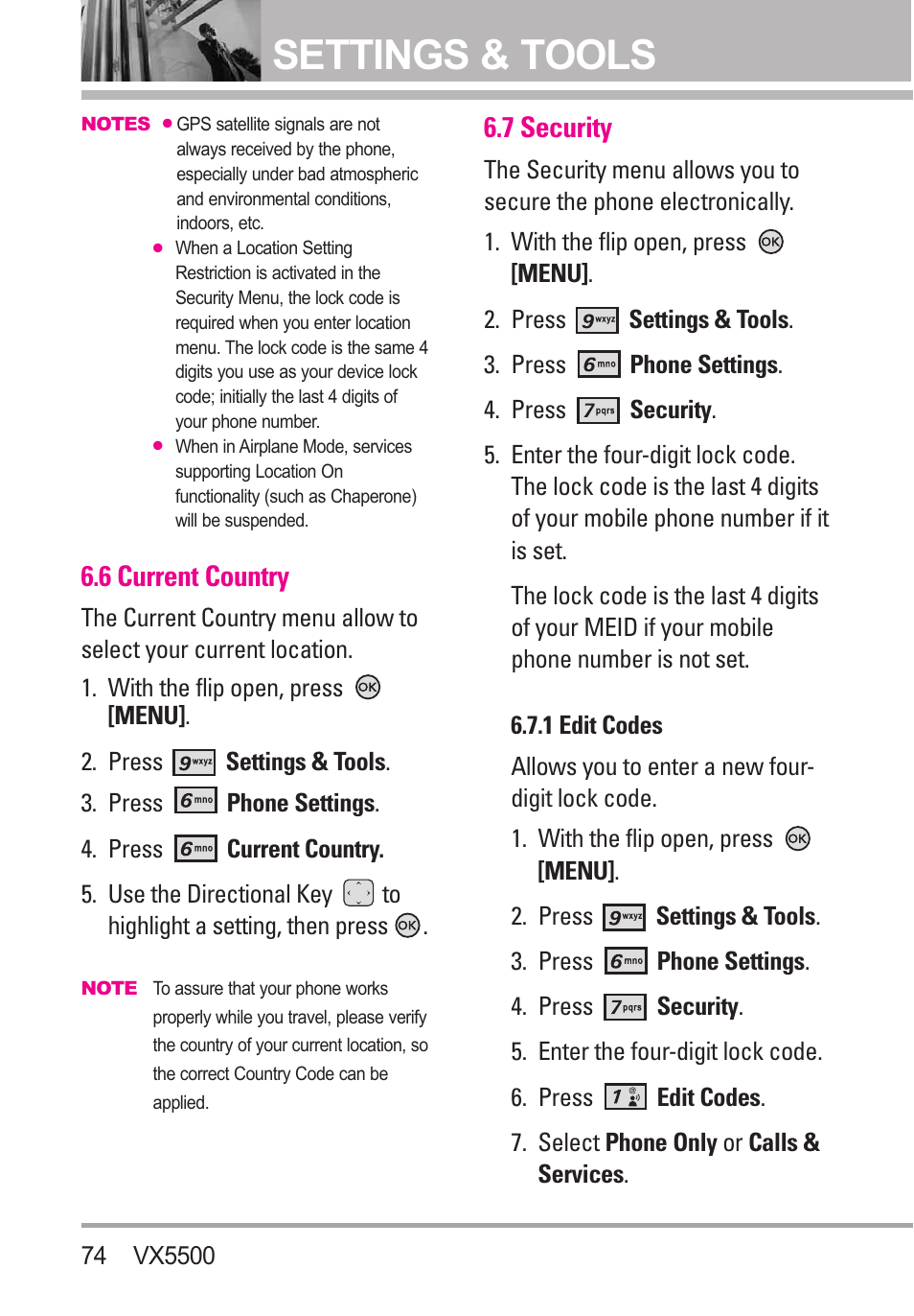 6 current country, 7 security, 1 edit codes | Settings & tools | LG VX5500 User Manual | Page 76 / 252