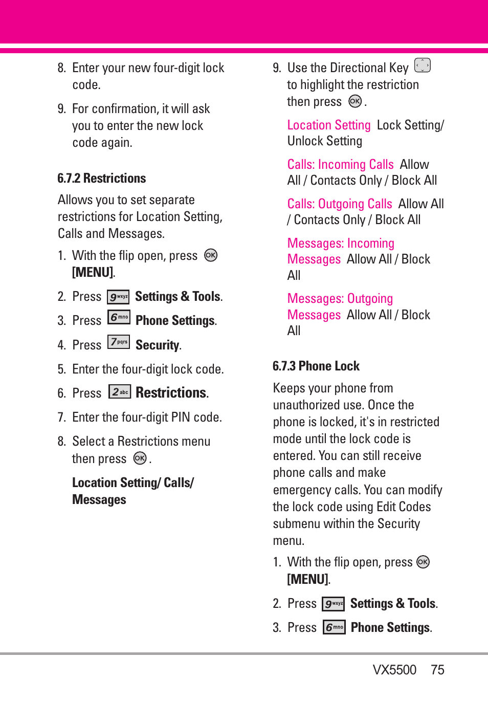 2 restrictions, 3 phone lock | LG VX5500 User Manual | Page 77 / 252