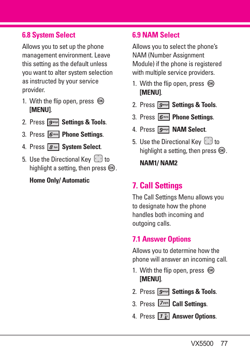 8 system select, 9 nam select, Call settings | 1 answer options | LG VX5500 User Manual | Page 79 / 252