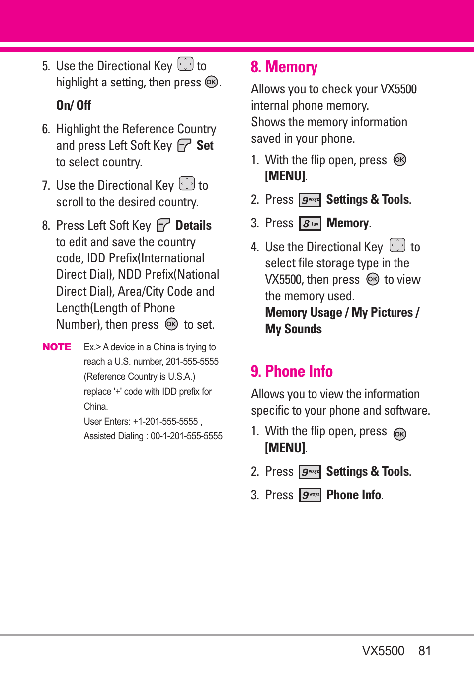 Memory, Phone info | LG VX5500 User Manual | Page 83 / 252