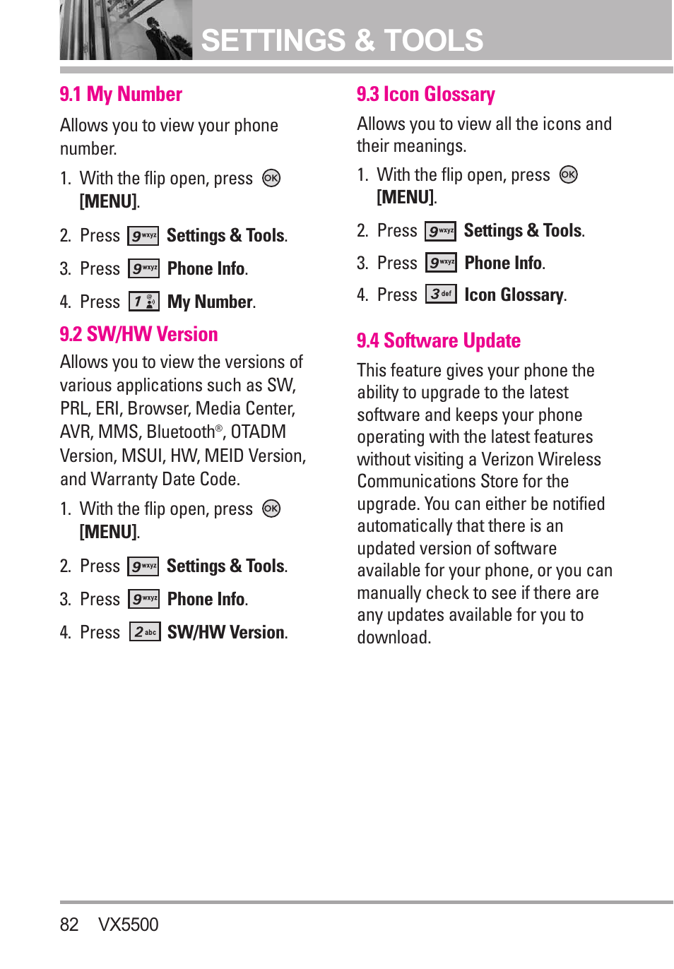 1 my number, 3 icon glossary, 4 software update | Settings & tools | LG VX5500 User Manual | Page 84 / 252