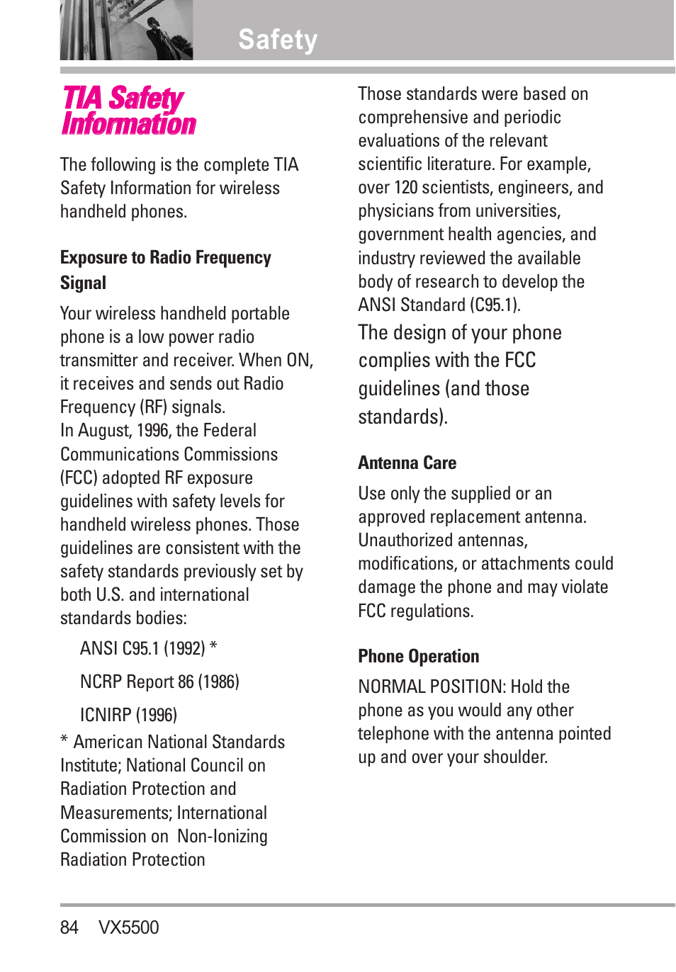 Safety, Tia safety information, Exposure to radio frequency | Antenna care, Phone operation, Exposure to radio frequency signal | LG VX5500 User Manual | Page 86 / 252