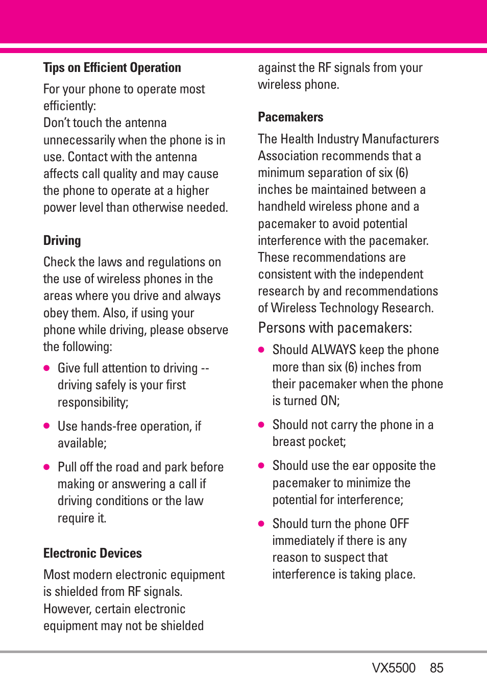 Tips on efficient operation, Driving, Electronic devices | Pacemakers, Persons with pacemakers | LG VX5500 User Manual | Page 87 / 252