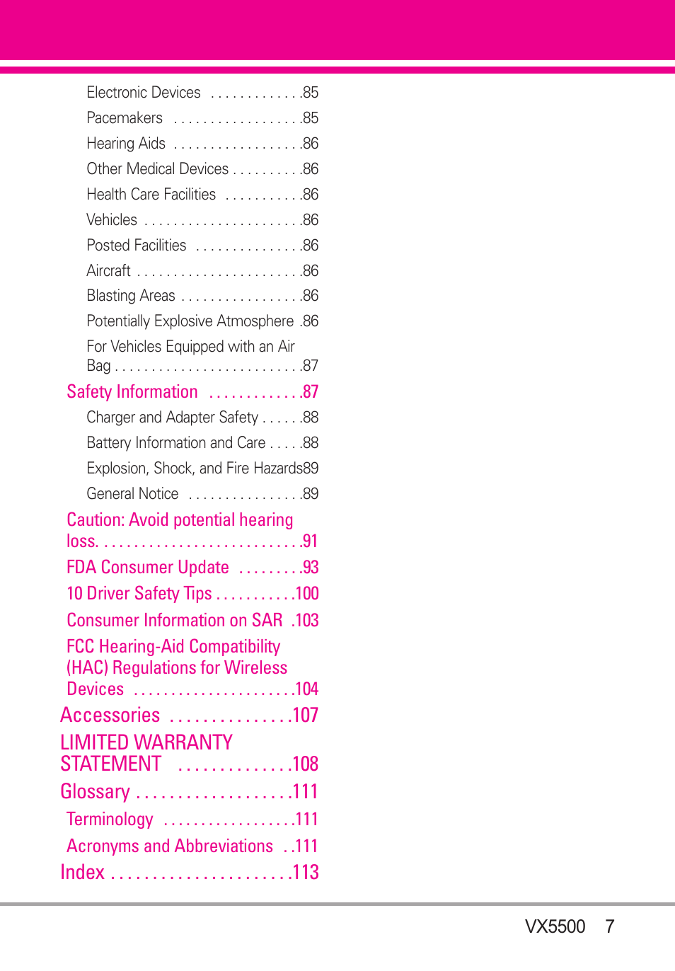 Accessories limited warranty statement glossary, Index 3 | LG VX5500 User Manual | Page 9 / 252