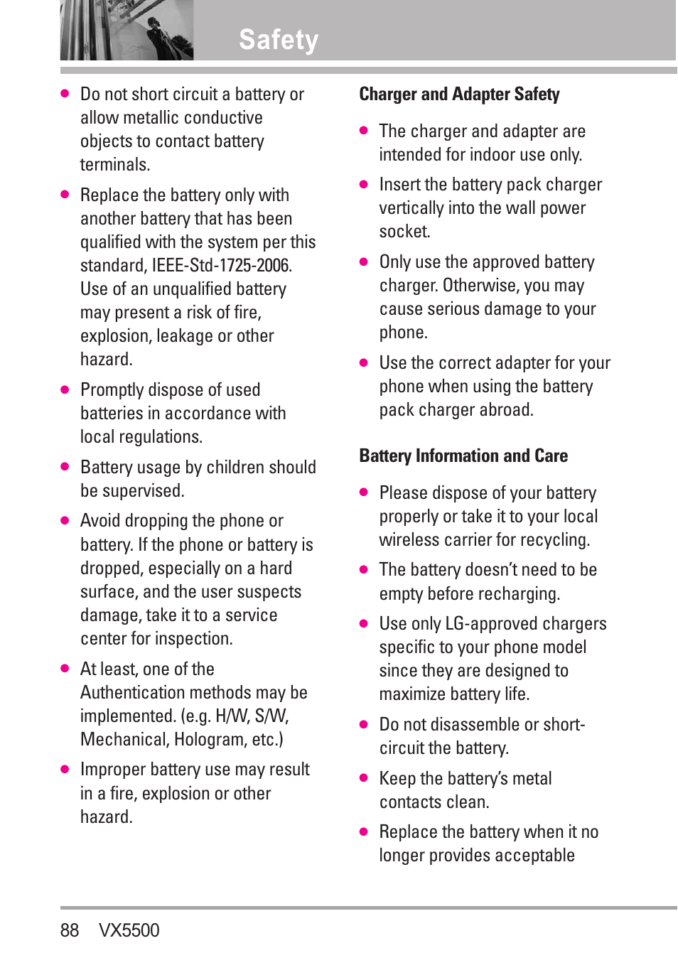 Charger and adapter safety, Battery information and care, Safety | Battery usage by children should be supervised, Do not disassemble or short- circuit the battery, Keep the battery’s metal contacts clean | LG VX5500 User Manual | Page 90 / 252