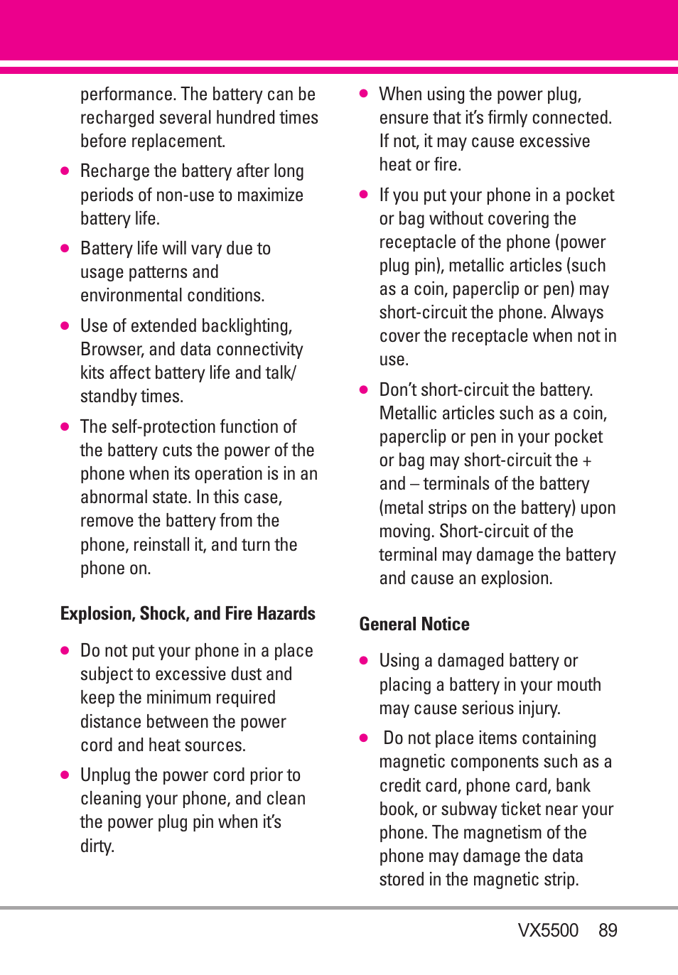 Explosion, shock, and fire h, General notice, Explosion, shock, and fire hazards89 | LG VX5500 User Manual | Page 91 / 252