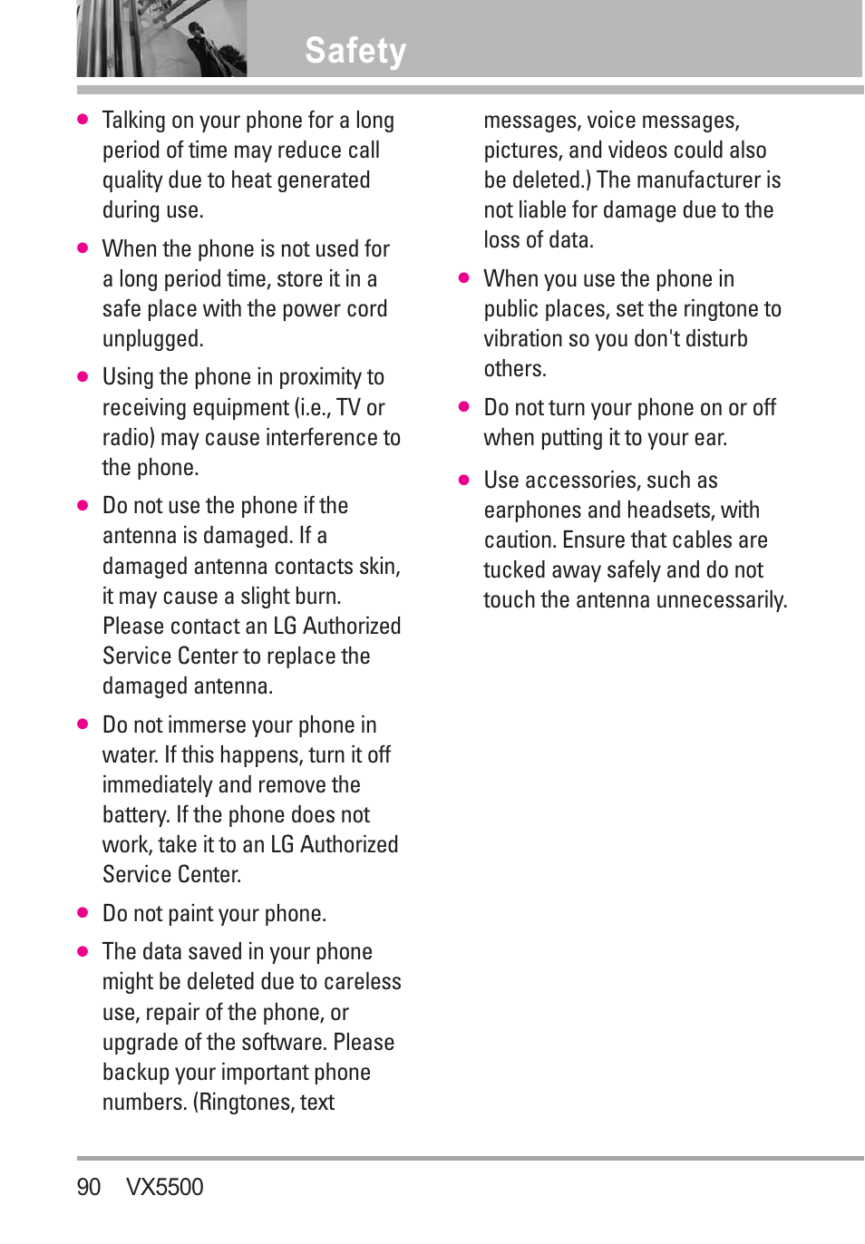 Safety | LG VX5500 User Manual | Page 92 / 252