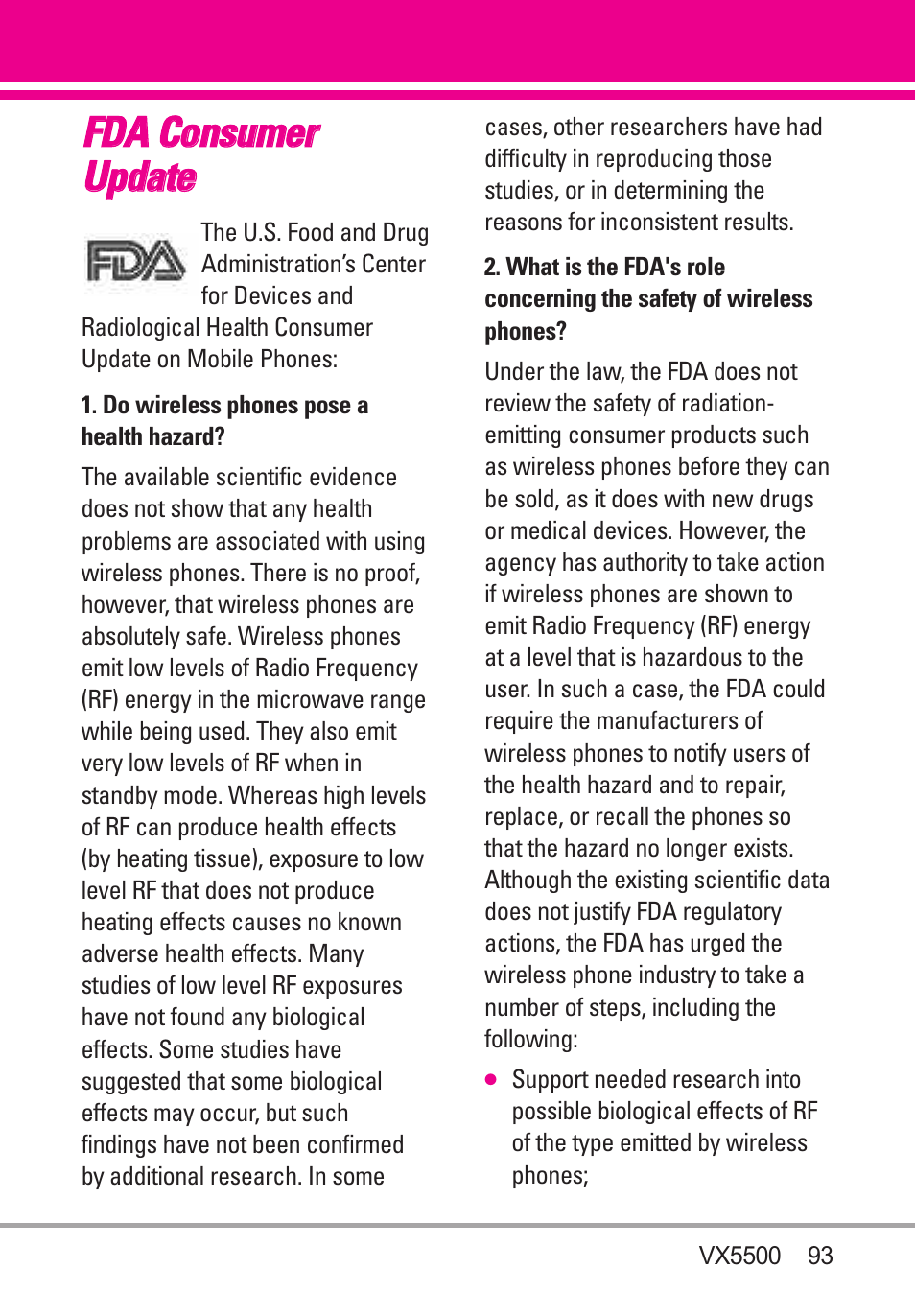 Fda consumer update, Ffd da a c co on nssu um me err u up pd da atte e | LG VX5500 User Manual | Page 95 / 252