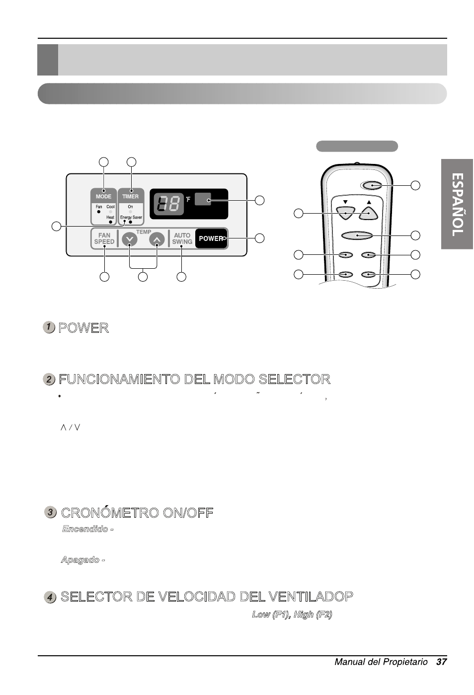 Instruccionnes de funcionamiento, Control remoto, Power | Funcionamiento del modo selector, Cronometro on/off, Selector de velocidad del ventiladop | LG LW1813HR User Manual | Page 37 / 48