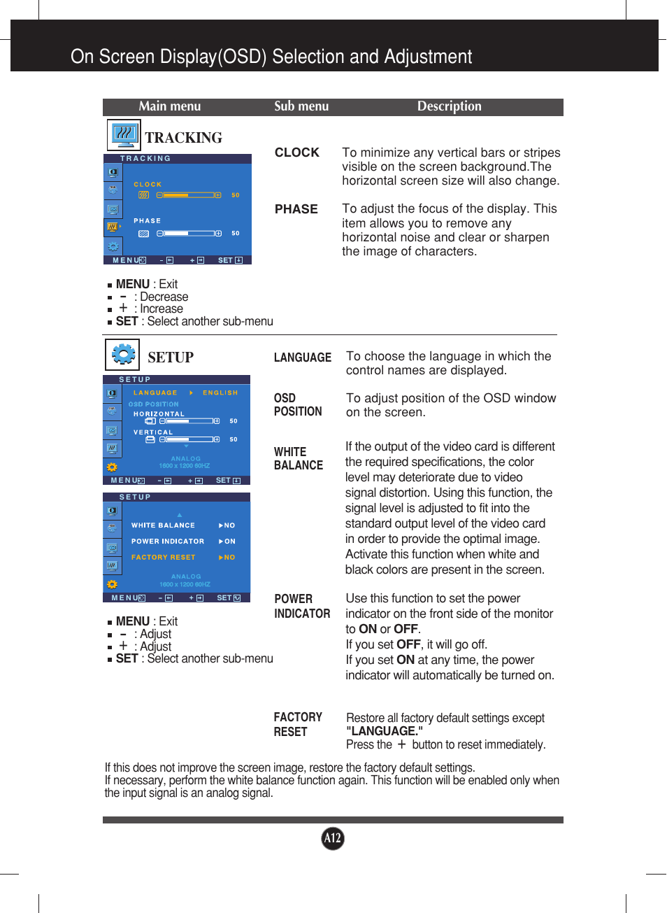 Tracking, Setup, On screen display(osd) selection and adjustment | LG L2000CE-BF User Manual | Page 13 / 24