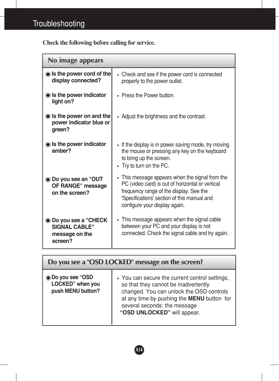 Troubleshooting, No image appears, Do you see a "osd locked" message on the screen | LG L2000CE-BF User Manual | Page 15 / 24