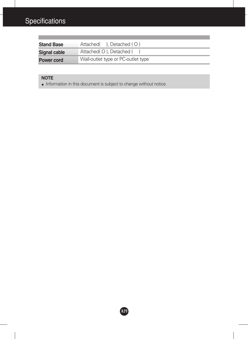 Specifications | LG L2000CE-BF User Manual | Page 20 / 24