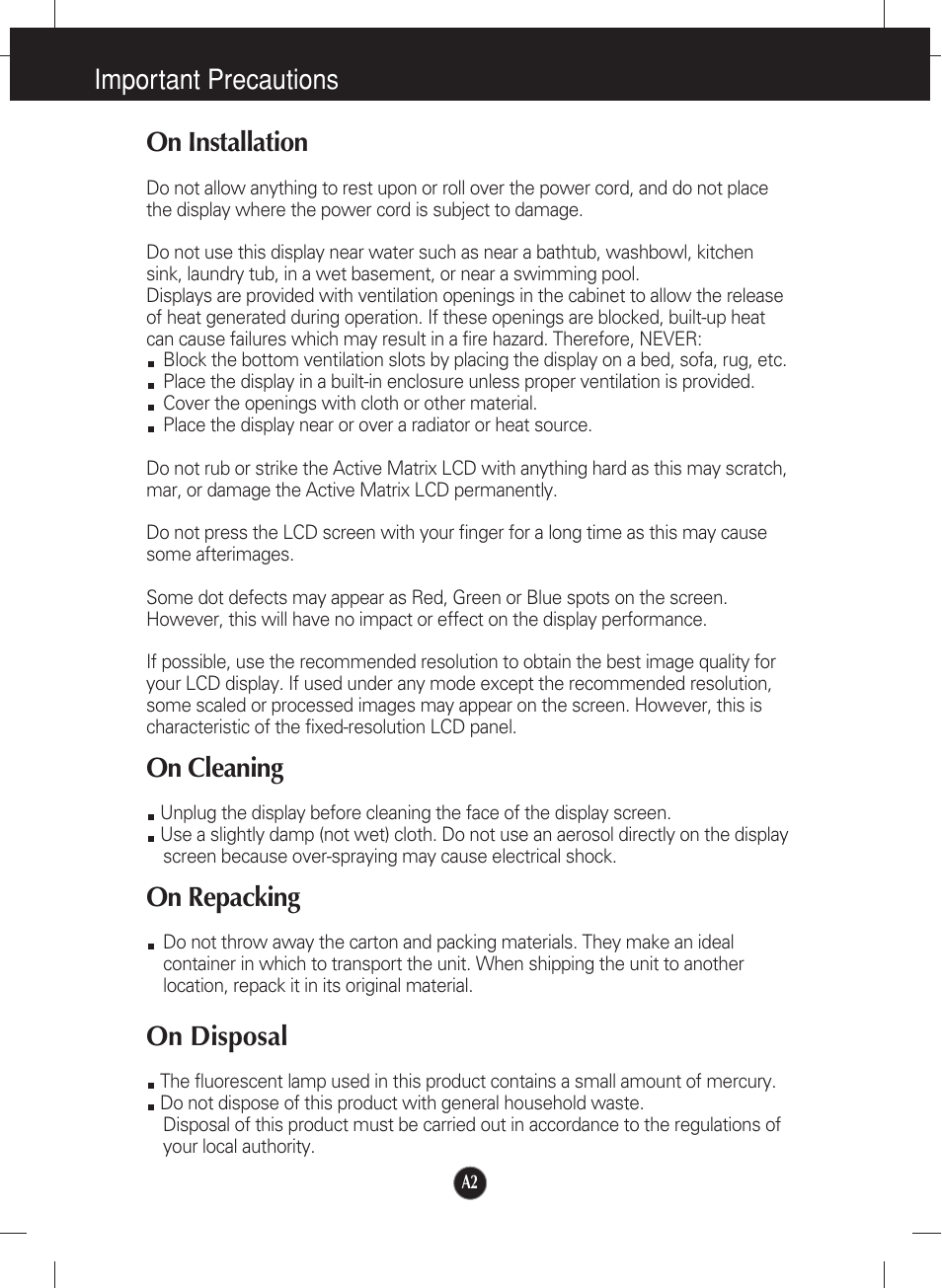 On installation, On cleaning, On repacking | On disposal, Important precautions on installation | LG L2000CE-BF User Manual | Page 3 / 24