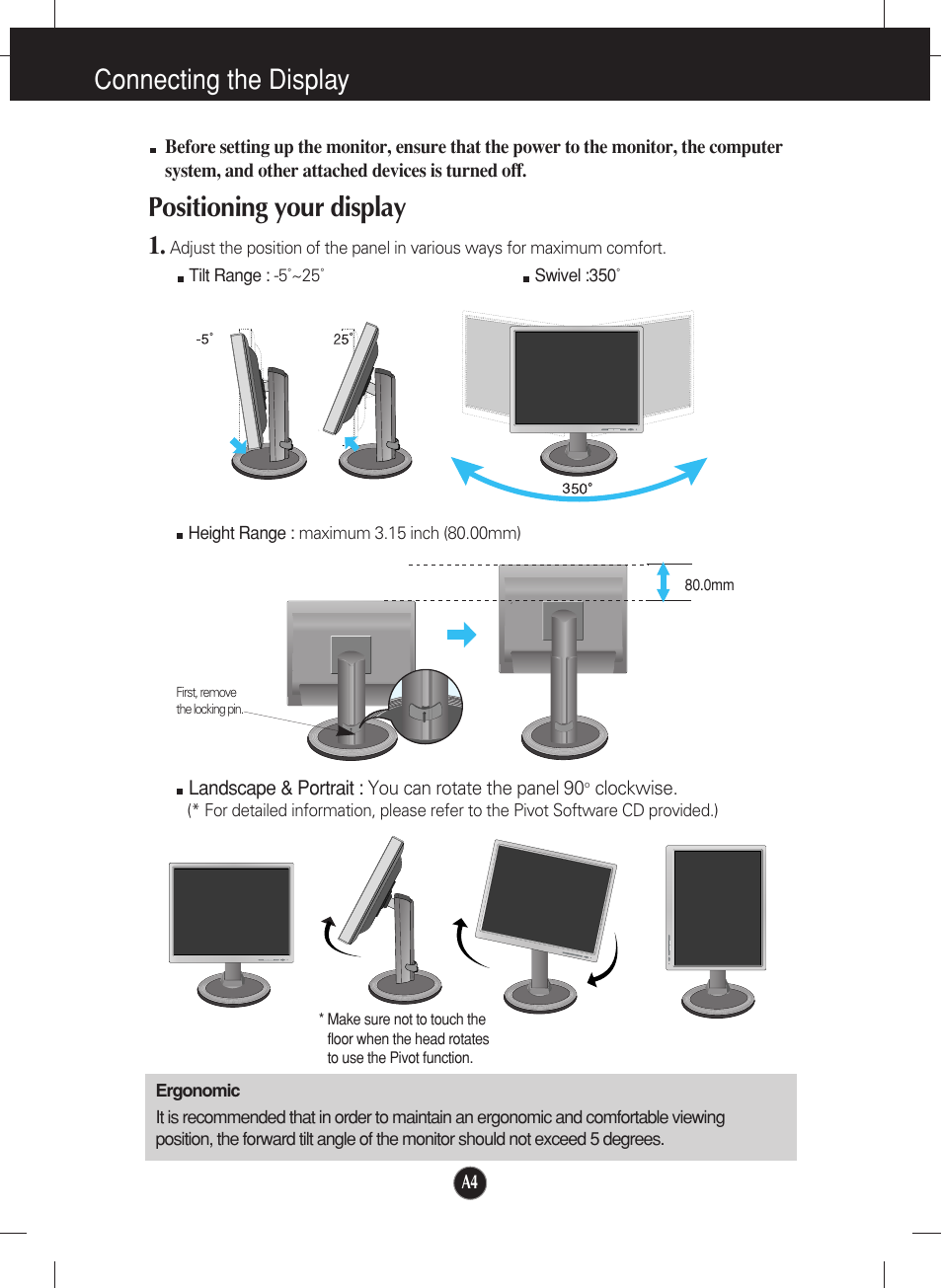Positioning your display, Connecting the display | LG L2000CE-BF User Manual | Page 5 / 24