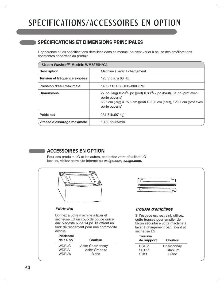 Spécifications et dimensions principales, Accessoires en option | LG WM3875HWCA User Manual | Page 106 / 108