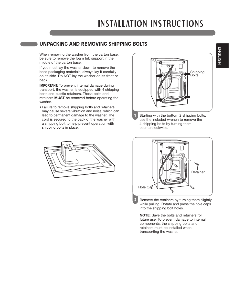 Unpacking and removing shipping bolts | LG WM3875HWCA User Manual | Page 11 / 108