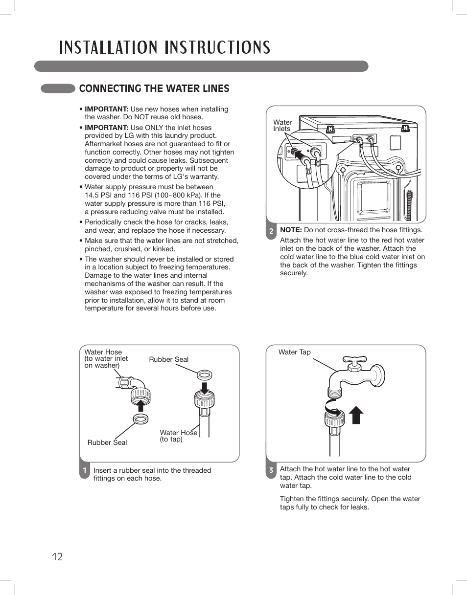 Connecting the water lines | LG WM3875HWCA User Manual | Page 12 / 108