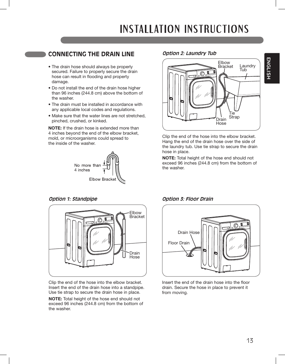 Connecting the drain line | LG WM3875HWCA User Manual | Page 13 / 108