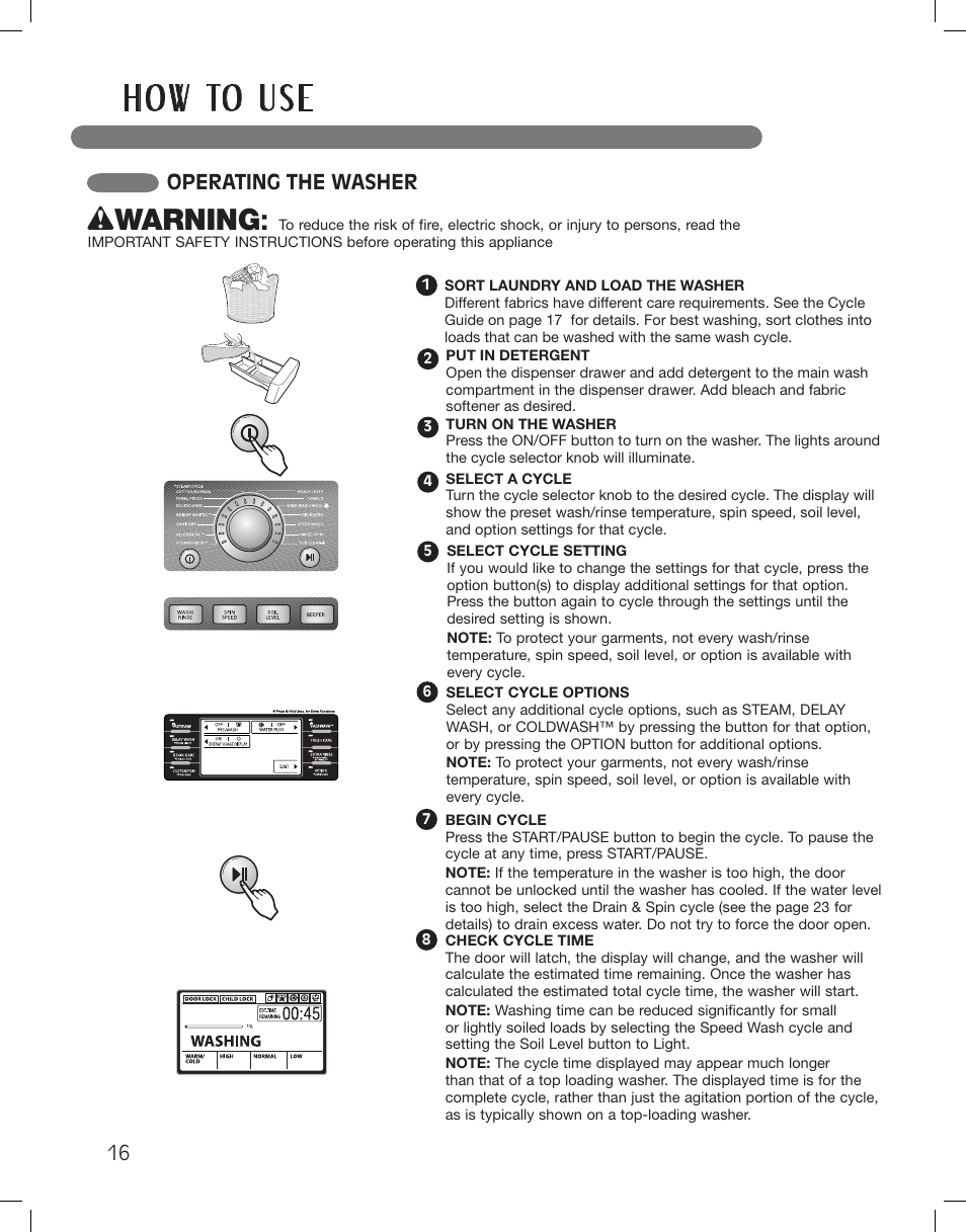 H o w to u s e, Wwarning, Operating the washer | LG WM3875HWCA User Manual | Page 16 / 108