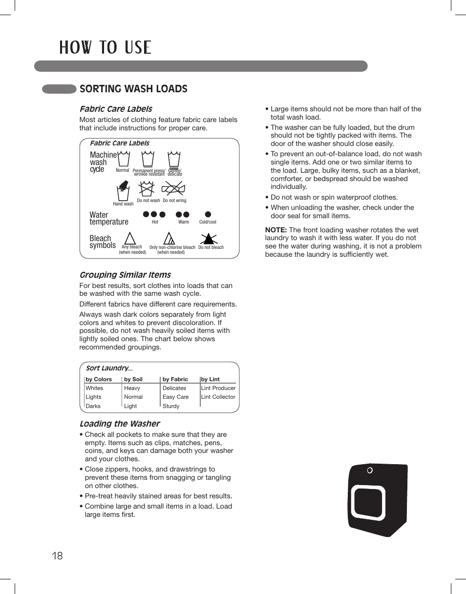 H o w to u s e, Sorting wash loads, Bleach symbols | Machine wash cycle, Water temperature | LG WM3875HWCA User Manual | Page 18 / 108