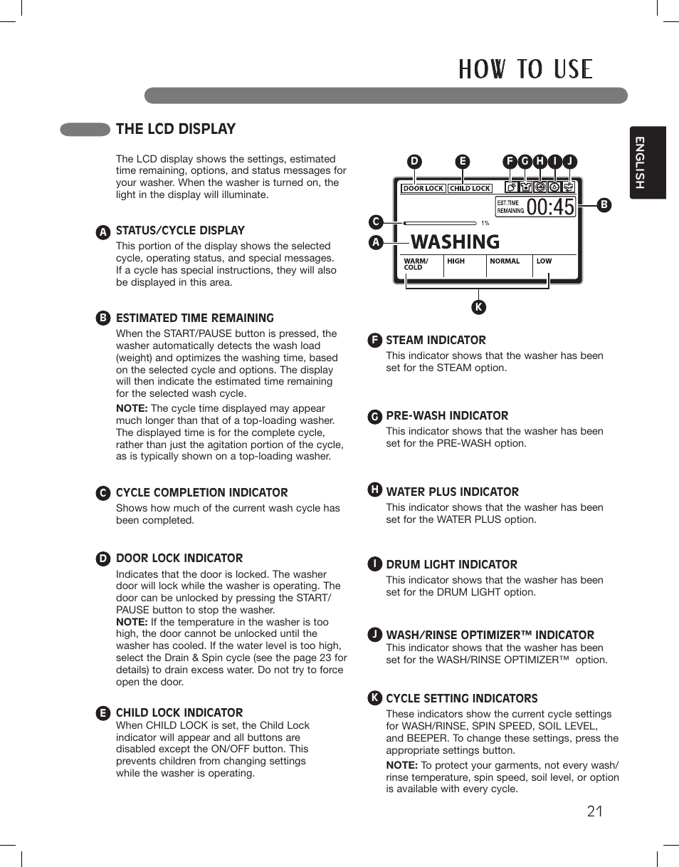 H o w to u s e, The lcd display | LG WM3875HWCA User Manual | Page 21 / 108