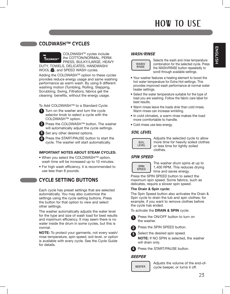 H o w to u s e, Cycle setting buttons, Speed wash cycle | Coldwash™ cycles | LG WM3875HWCA User Manual | Page 23 / 108