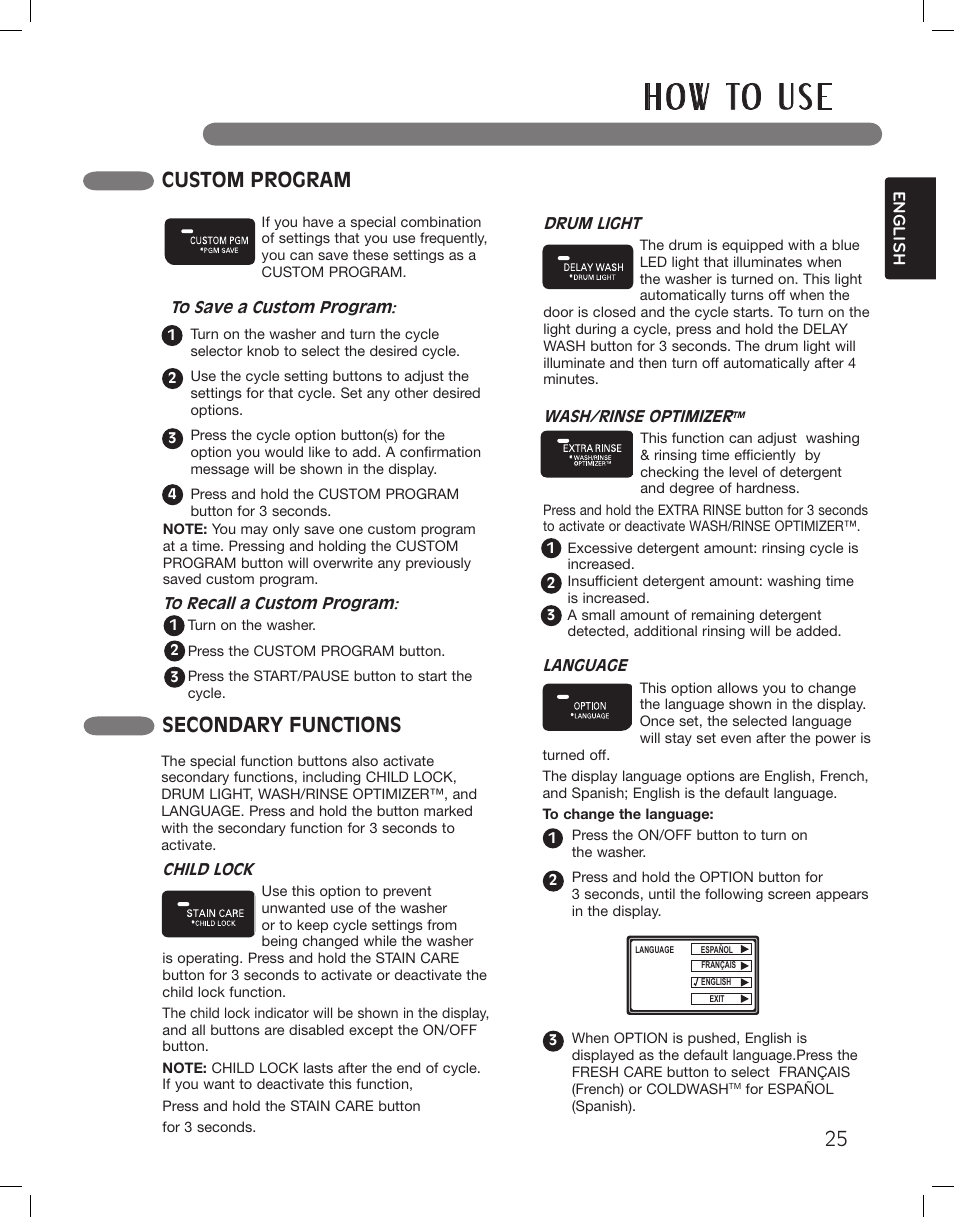 H o w to u s e, Custom program, Secondary functions | LG WM3875HWCA User Manual | Page 25 / 108