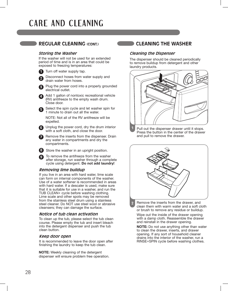 Regular cleaning, Cleaning the washer | LG WM3875HWCA User Manual | Page 28 / 108