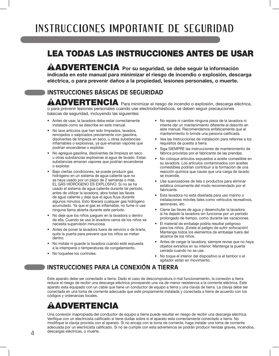 Wadvertencia, Instrucciones básicas de seguridad, Instrucciones para la conexión a tierra | LG WM3875HWCA User Manual | Page 40 / 108