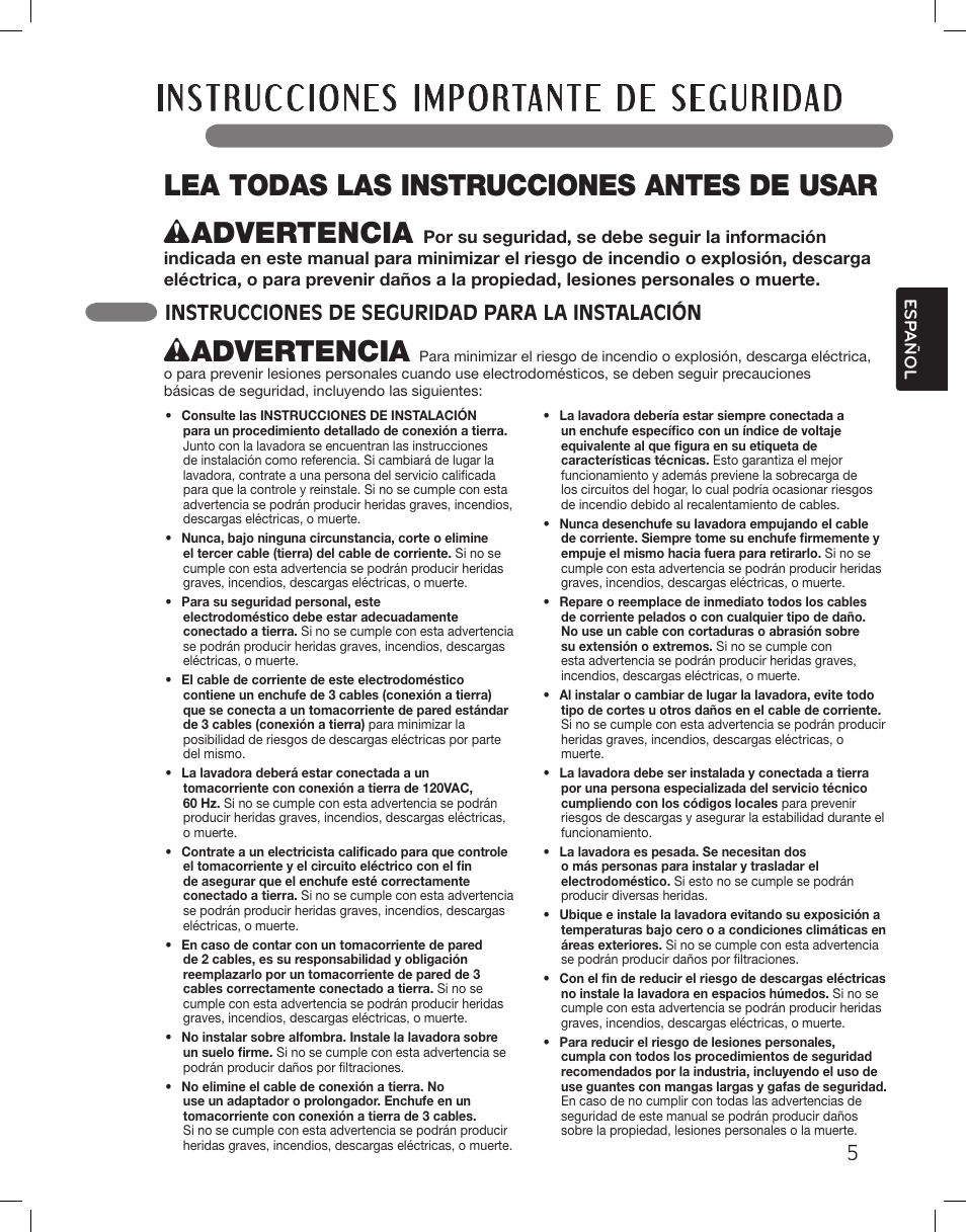 Wadvertencia, Instrucciones de seguridad para la instalación | LG WM3875HWCA User Manual | Page 41 / 108