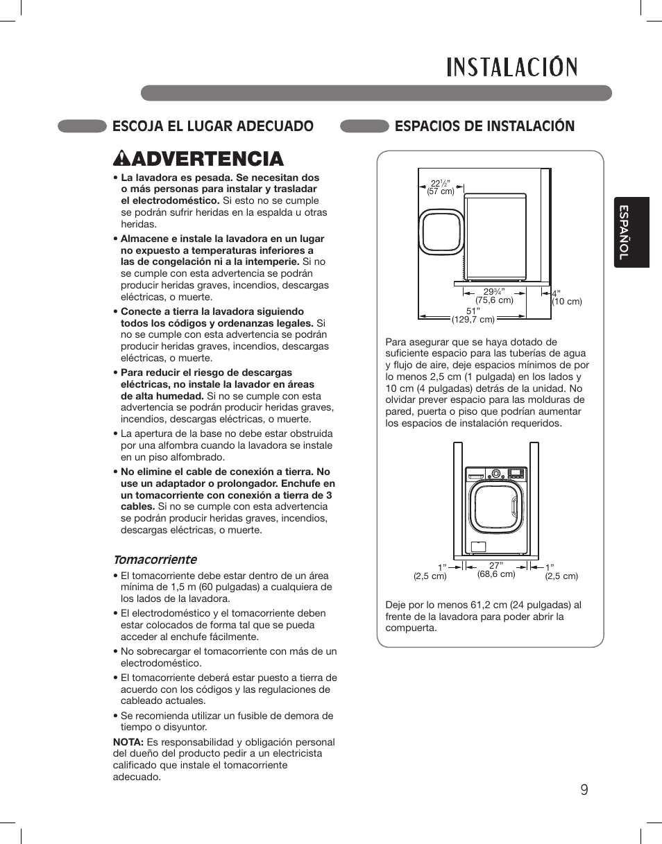 I n s ta l ac i ó n, Wadvertencia, Escoja el lugar adecuado espacios de instalación | LG WM3875HWCA User Manual | Page 45 / 108