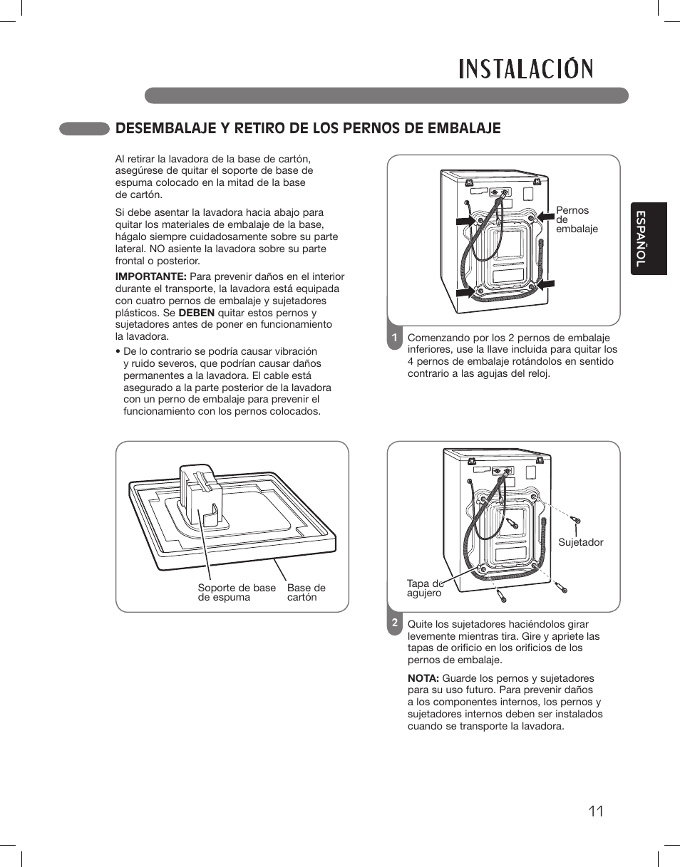 I n s ta l ac i ó n, Desembalaje y retiro de los pernos de embalaje | LG WM3875HWCA User Manual | Page 47 / 108