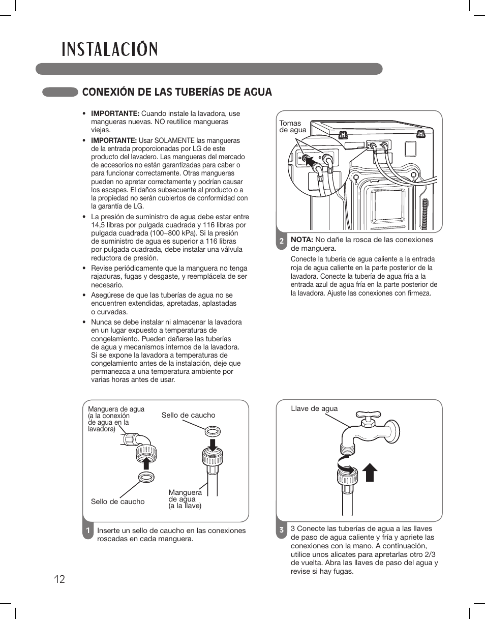 I n s ta l ac i ó n, Conexión de las tuberías de agua | LG WM3875HWCA User Manual | Page 48 / 108