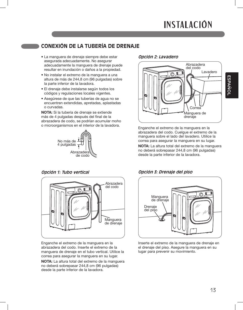 I n s ta l ac i ó n, Conexión de la tubería de drenaje | LG WM3875HWCA User Manual | Page 49 / 108