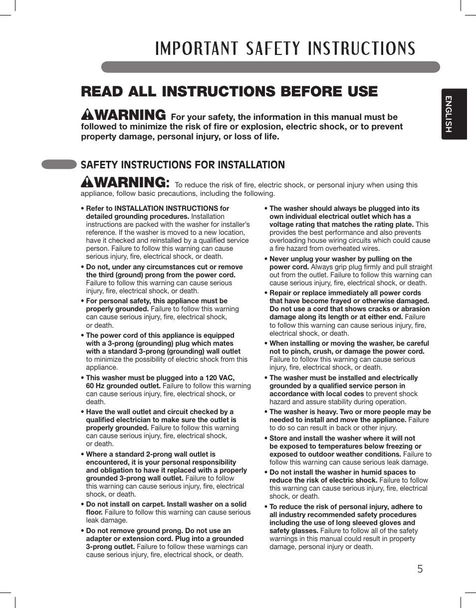 Wwarning, Read all instructions before use, Safety instructions for installation | LG WM3875HWCA User Manual | Page 5 / 108