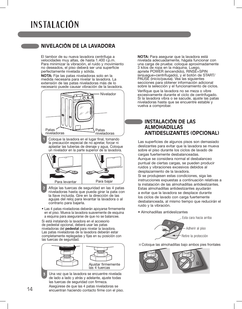 I n s ta l ac i ó n, Nivelación de la lavadora | LG WM3875HWCA User Manual | Page 50 / 108