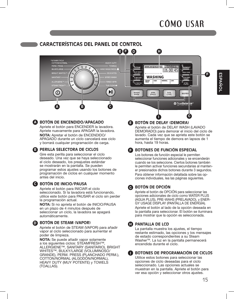 Características del panel de control | LG WM3875HWCA User Manual | Page 51 / 108