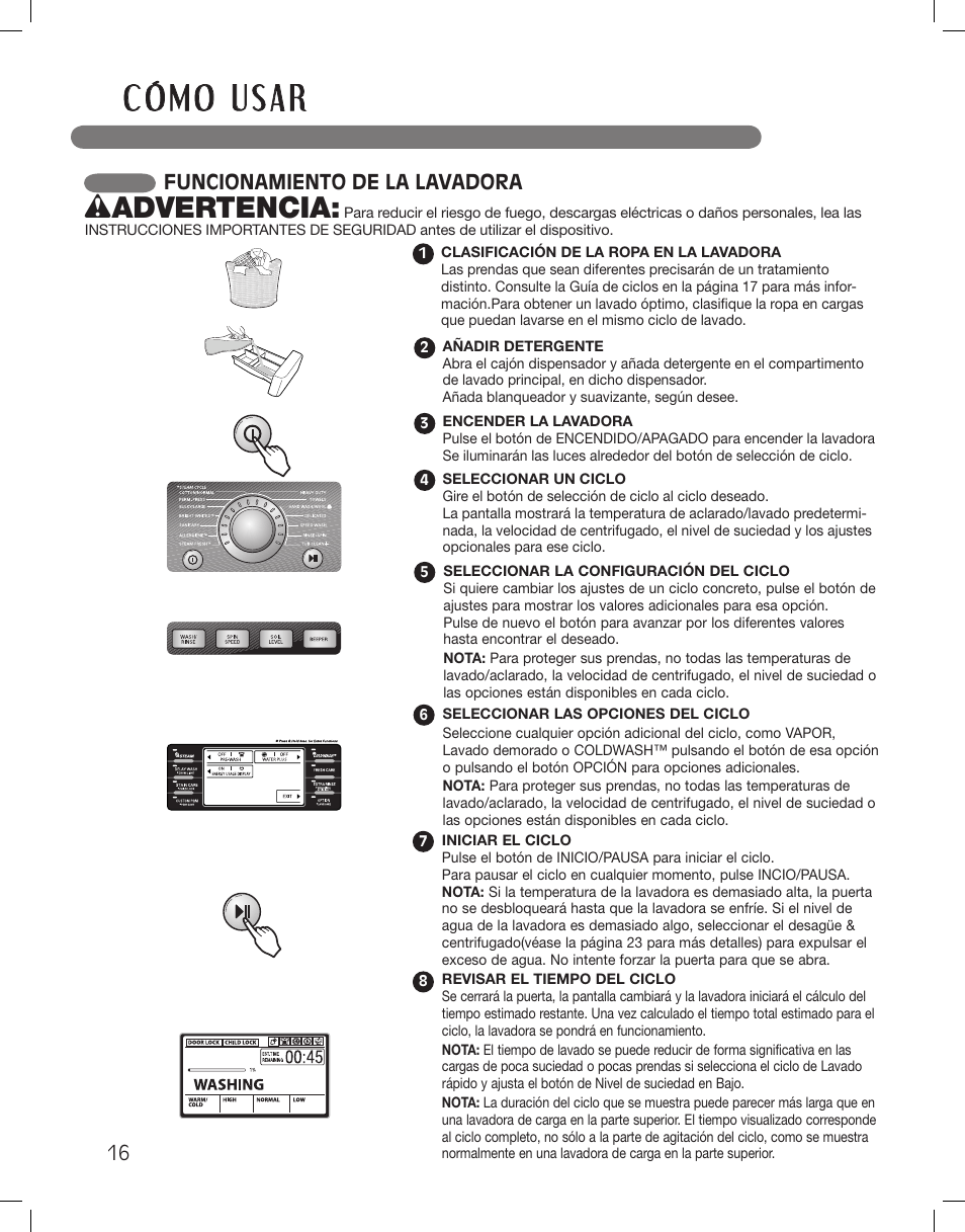 Wadvertencia, Funcionamiento de la lavadora | LG WM3875HWCA User Manual | Page 52 / 108