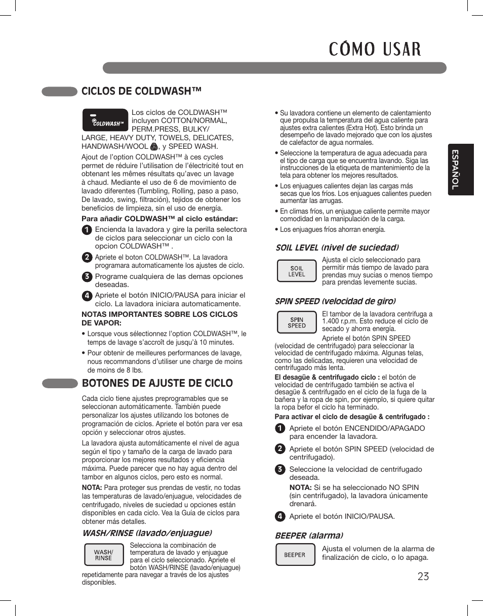 Botones de ajuste de ciclo, Ciclos de lavar rapido, Ciclos de coldwash | LG WM3875HWCA User Manual | Page 59 / 108