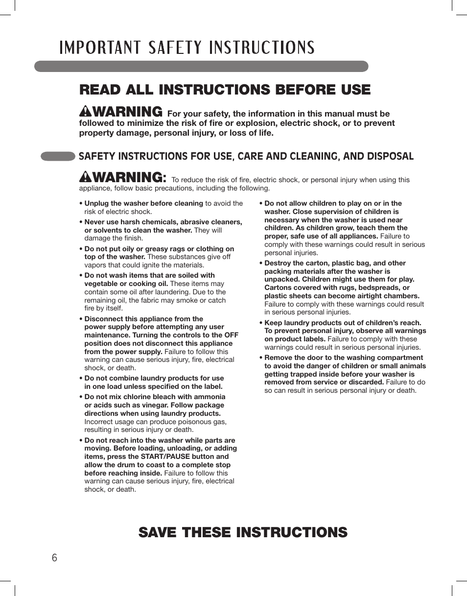 Wwarning | LG WM3875HWCA User Manual | Page 6 / 108