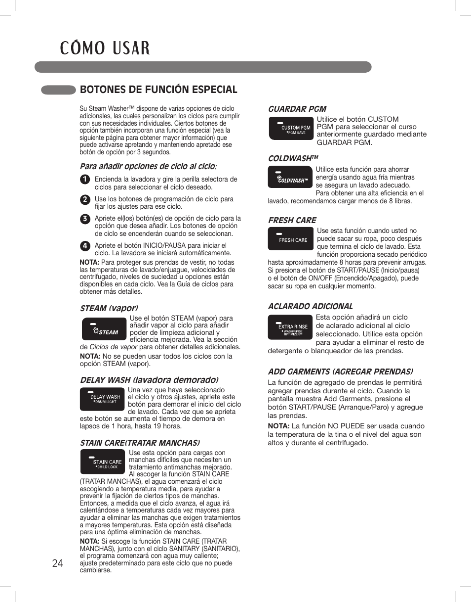 Botones de función especial | LG WM3875HWCA User Manual | Page 60 / 108