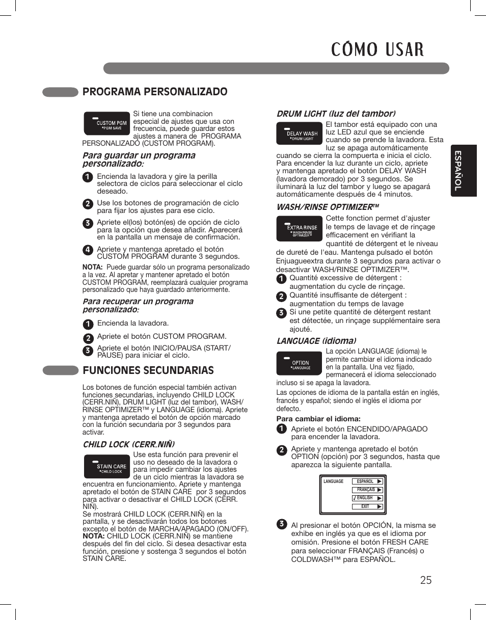 Programa personalizado, Funciones secundarias | LG WM3875HWCA User Manual | Page 61 / 108