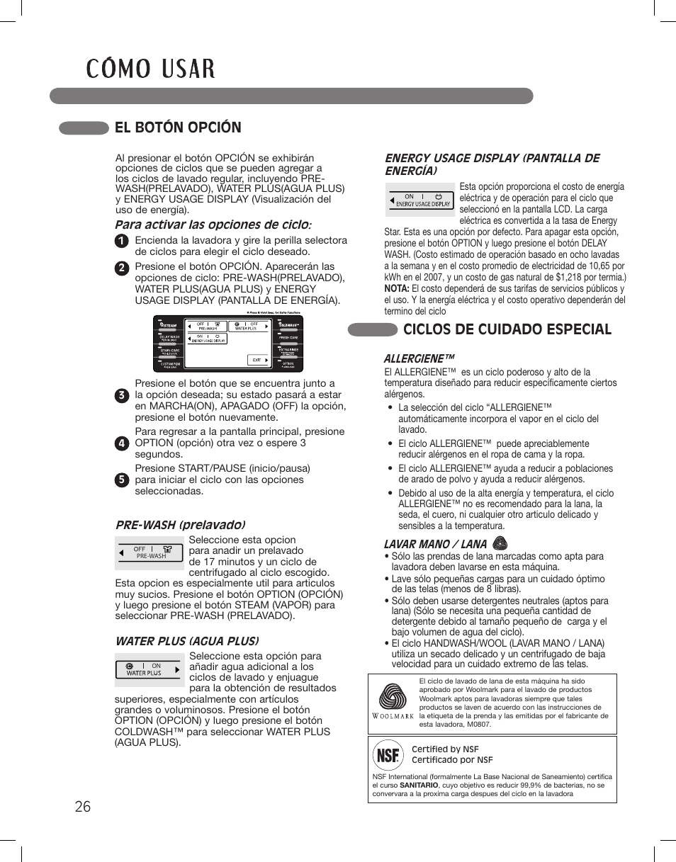 El botón opción, Ciclos de cuidado especial | LG WM3875HWCA User Manual | Page 62 / 108