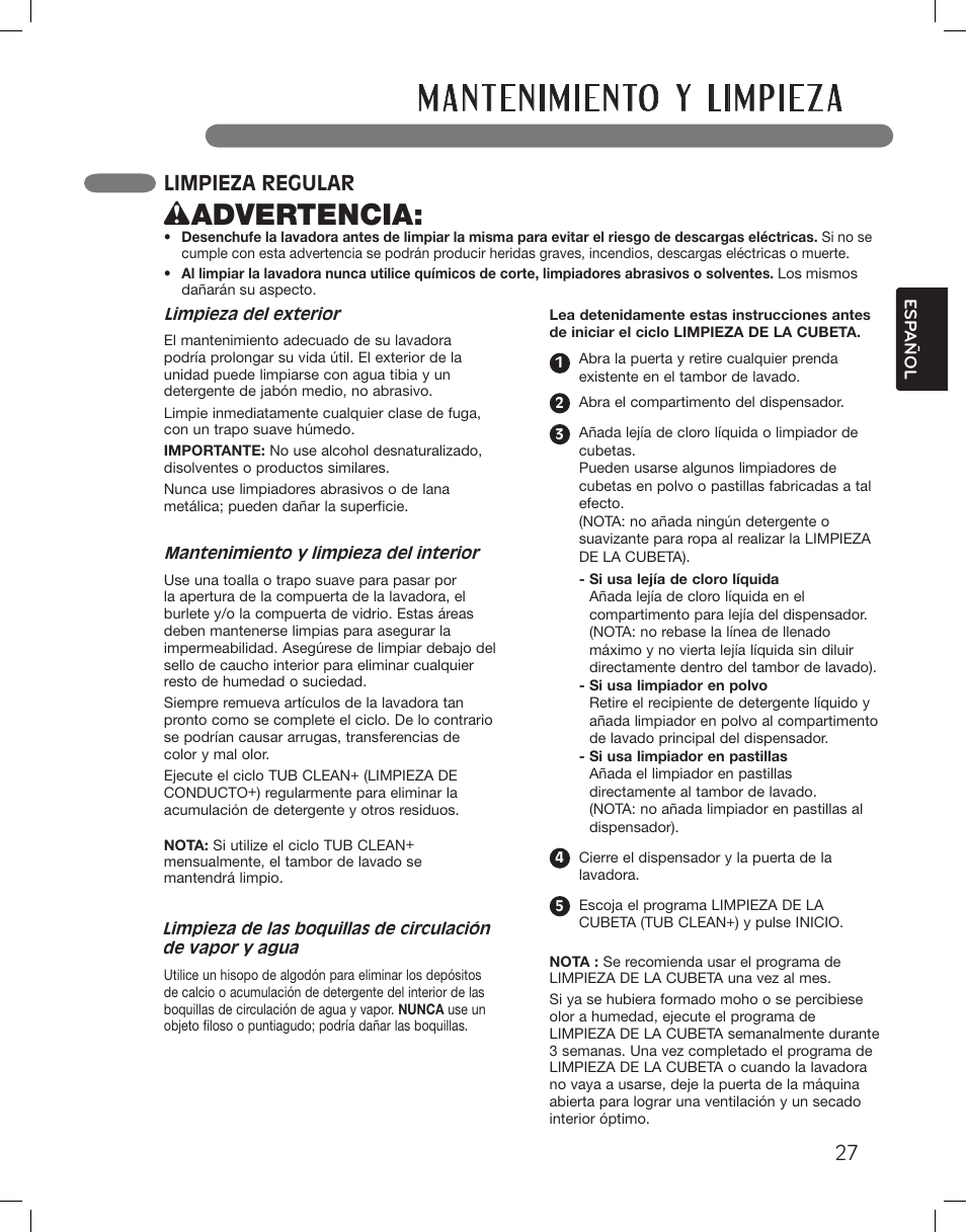 Wadvertencia, Ciclos de cuidado especial, Limpieza regular | LG WM3875HWCA User Manual | Page 63 / 108