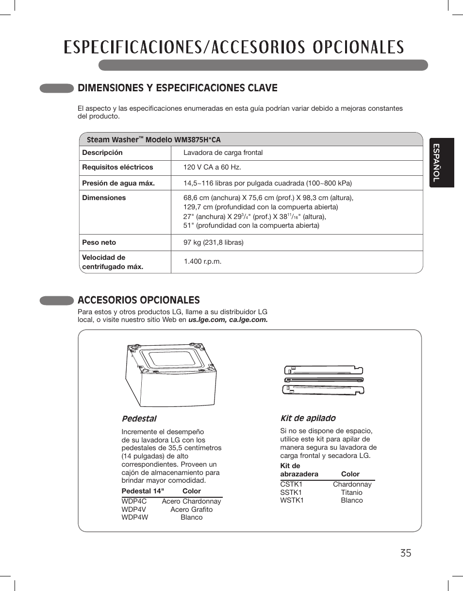 Dimensiones y especificaciones clave, Accesorios opcionales | LG WM3875HWCA User Manual | Page 71 / 108